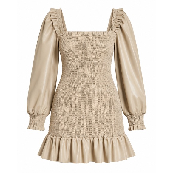 7 For All Mankind Smocked Square Neck Puff Sleeve Mini Dress Tan Size L Nwt
